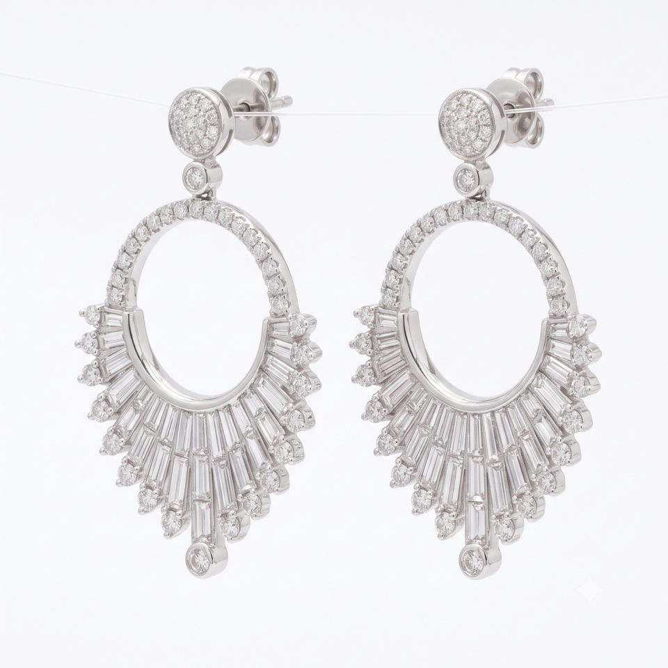 Platinum Baguette and Round Diamond Fanned Hoop Earrings