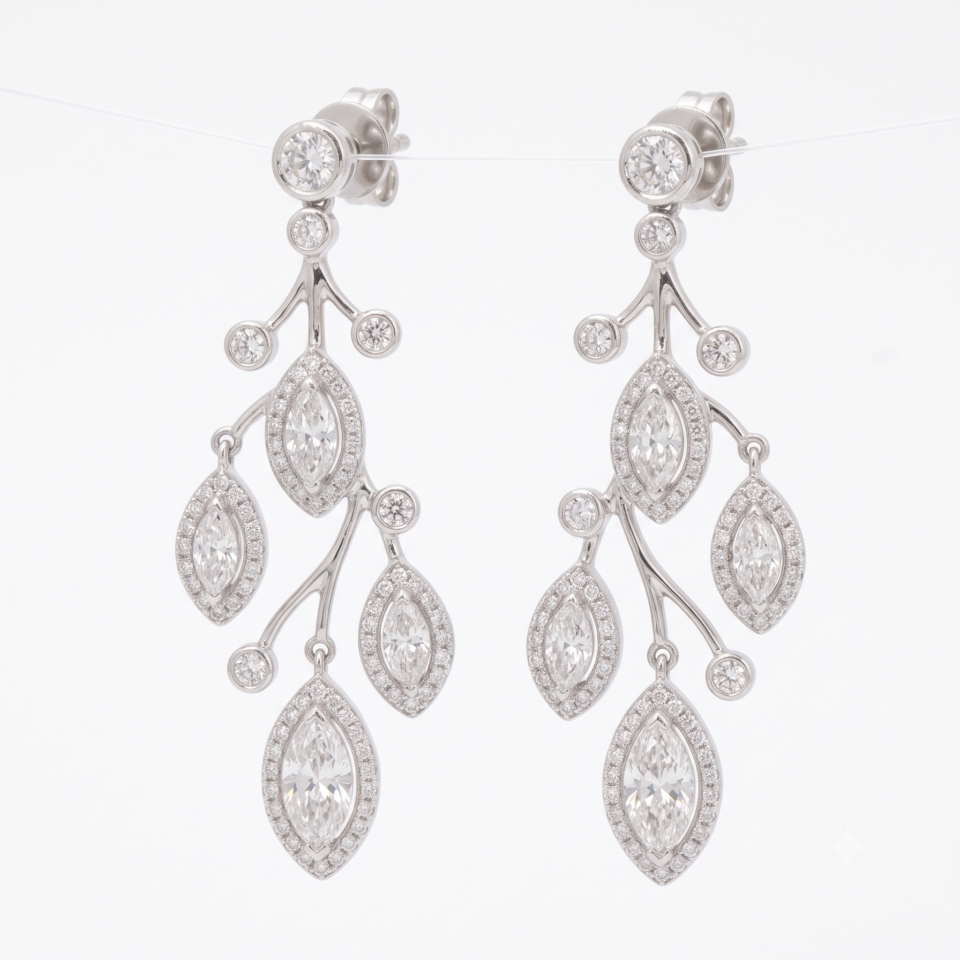 Platinum Marquise and Round Diamond Sparkling Dewdrop Drop Earrings