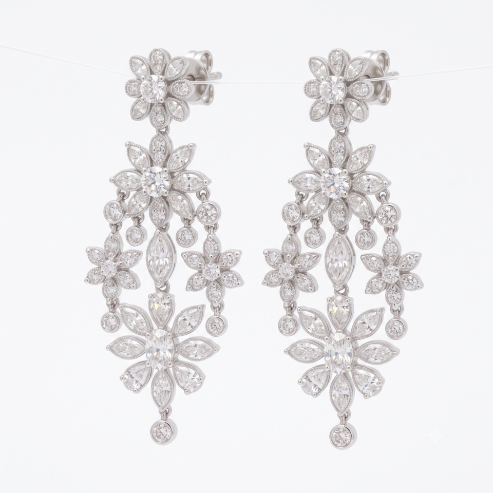 Platinum Oval, Pear, Marquise and Round Diamond Floral Cascade Drop Earrings