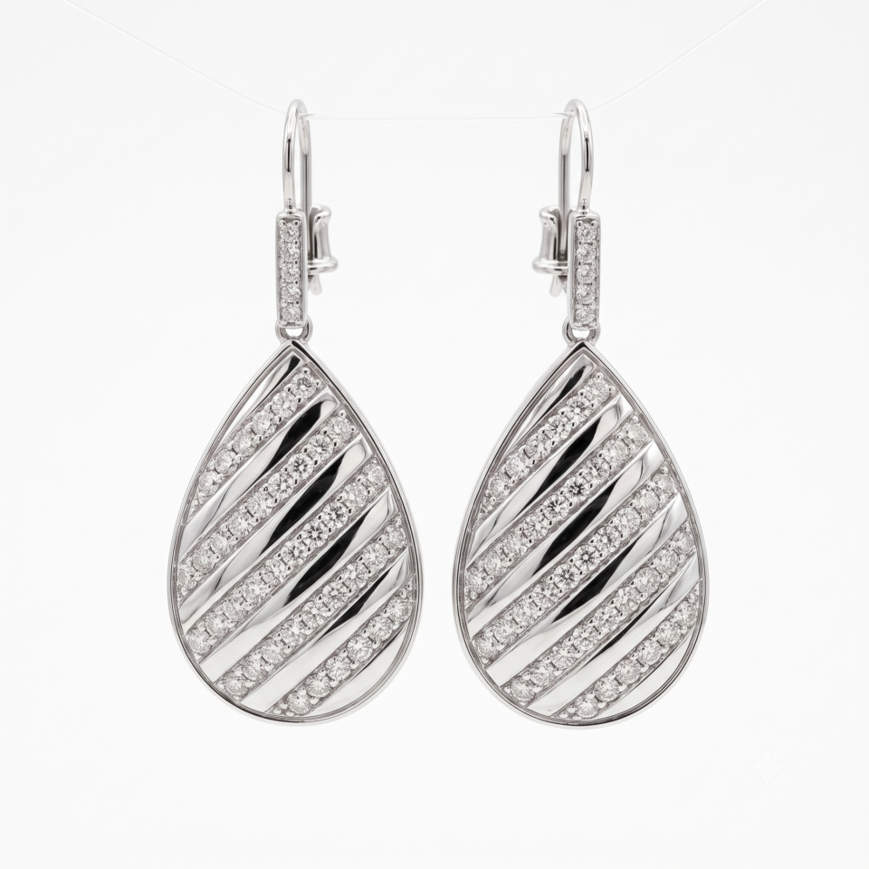 Platinum Round Diamond Striped Teardrop Statement Drop Earrings