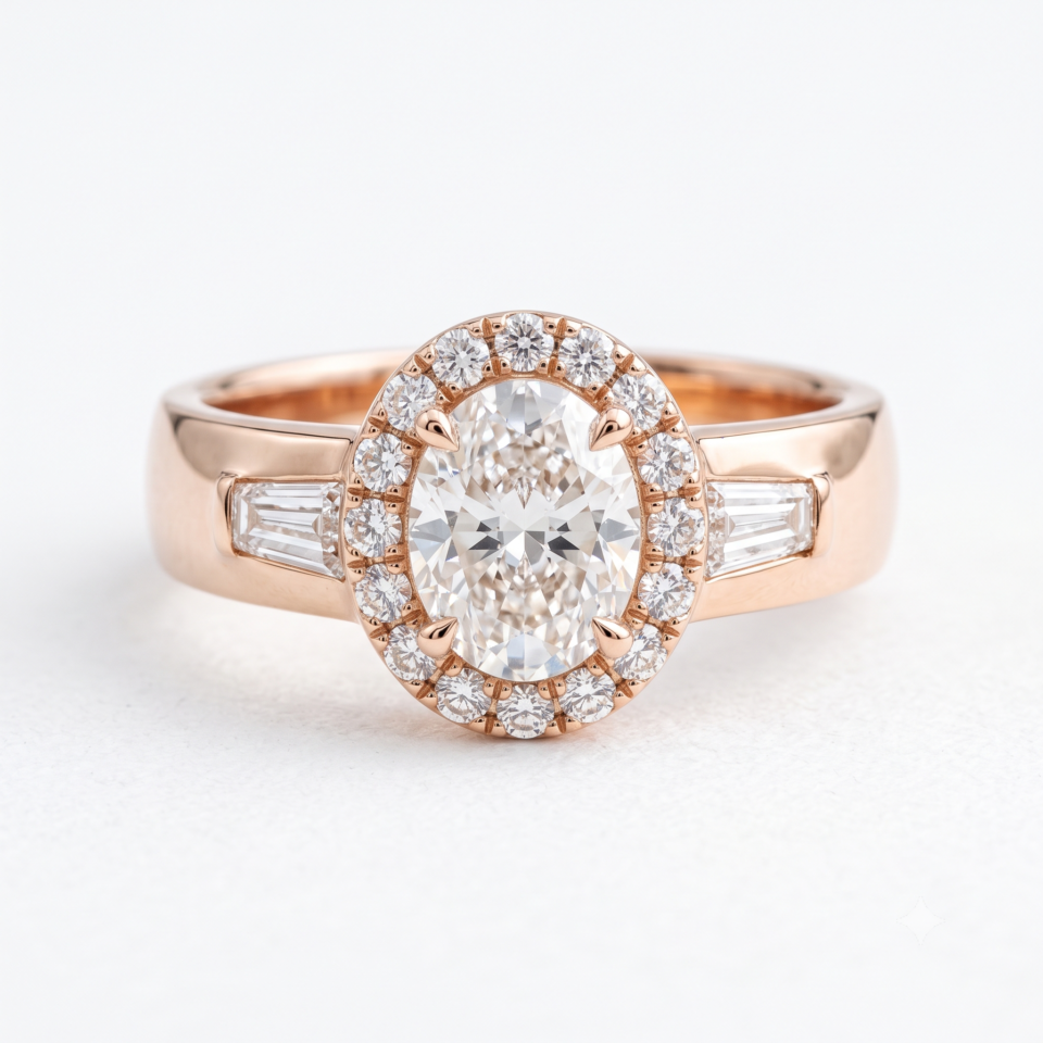 Rose gold Oval Diamond Halo Mens Ring with Baguette Side Stones