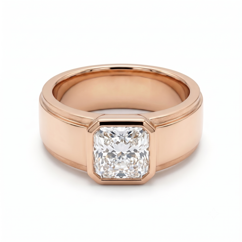 Rose gold Radiant Diamond Bezel Set Mens Ring