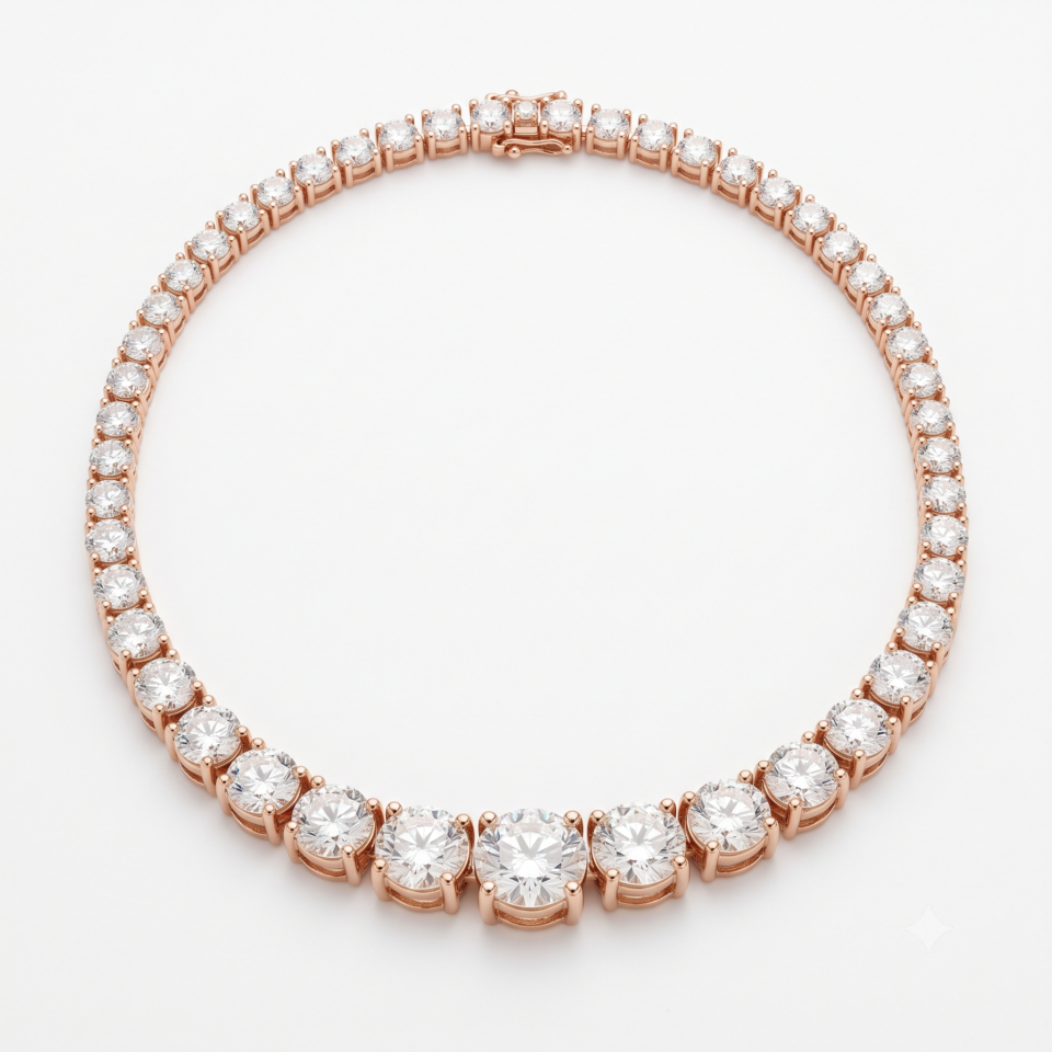 Rose gold Round Diamond Tennis Necklace with Graduated Prong Setting