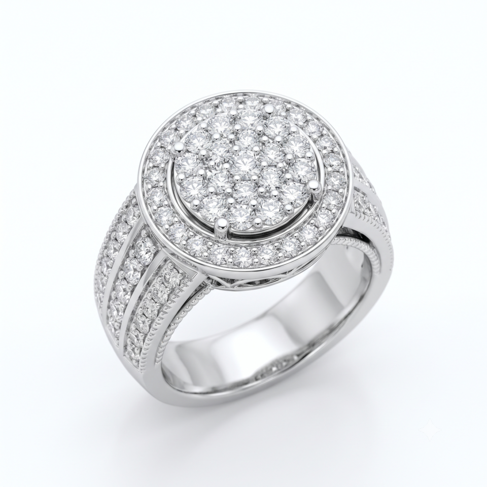 Round Diamond Cluster Halo Mens Ring