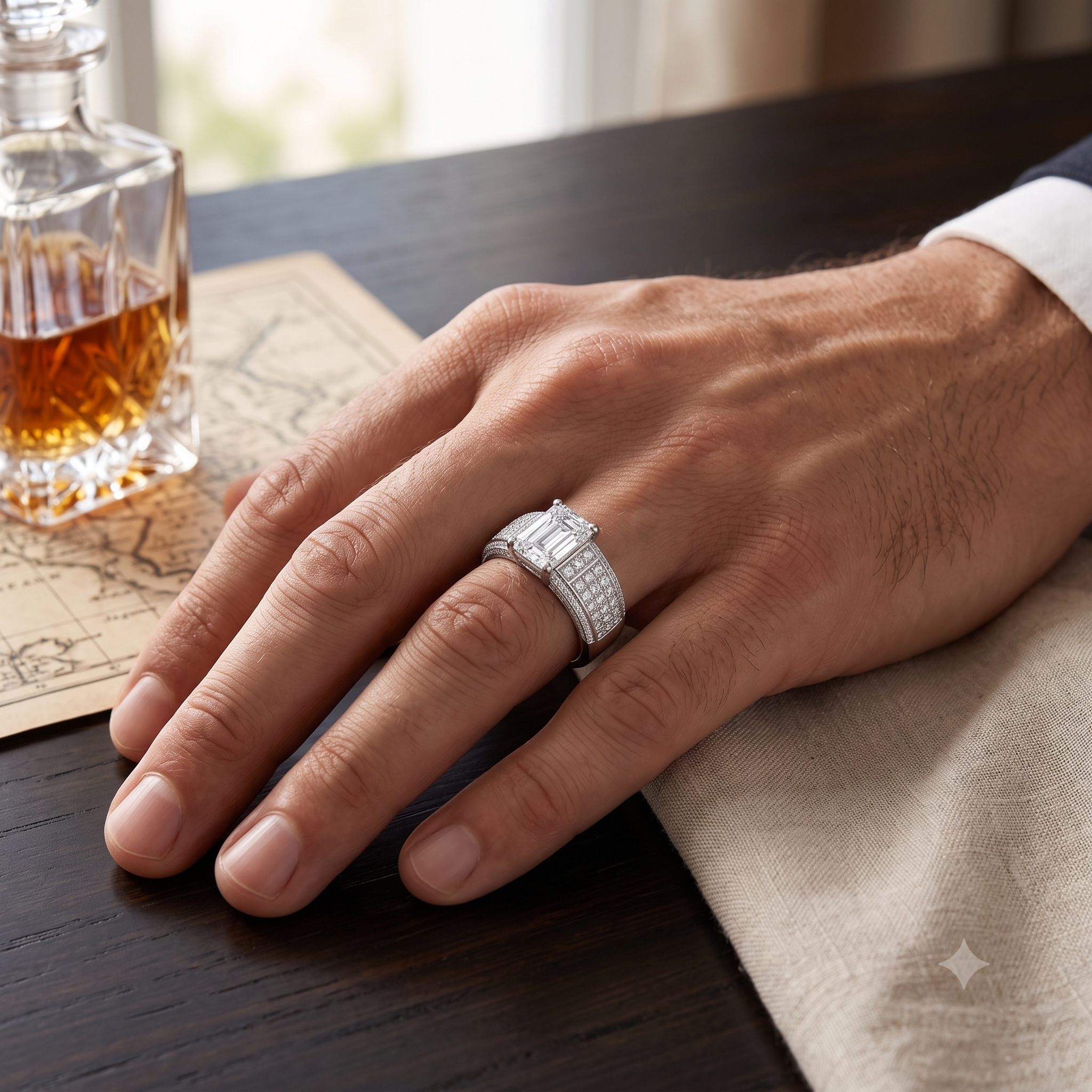 White gold Emerald Cut Diamond Radiant Pavé Mens Ring_2