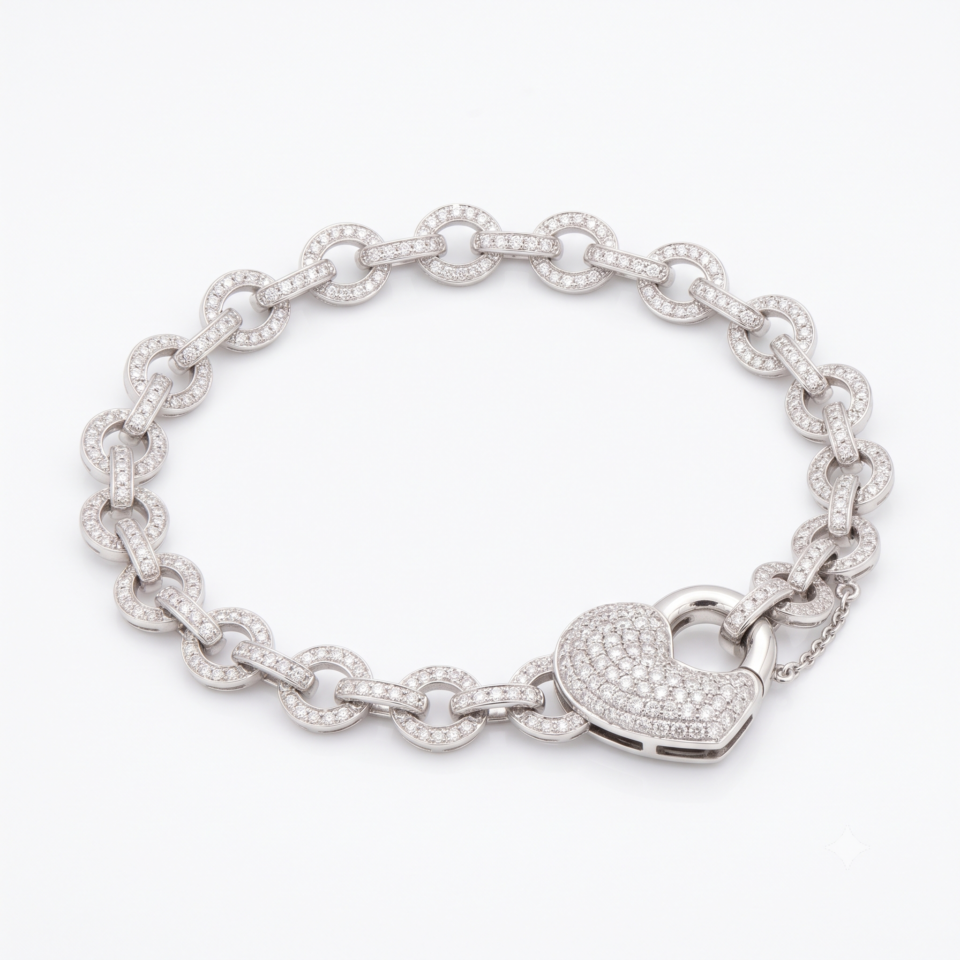 White gold Pav? Round Stone Chain Link Bracelet with Heart Clasp