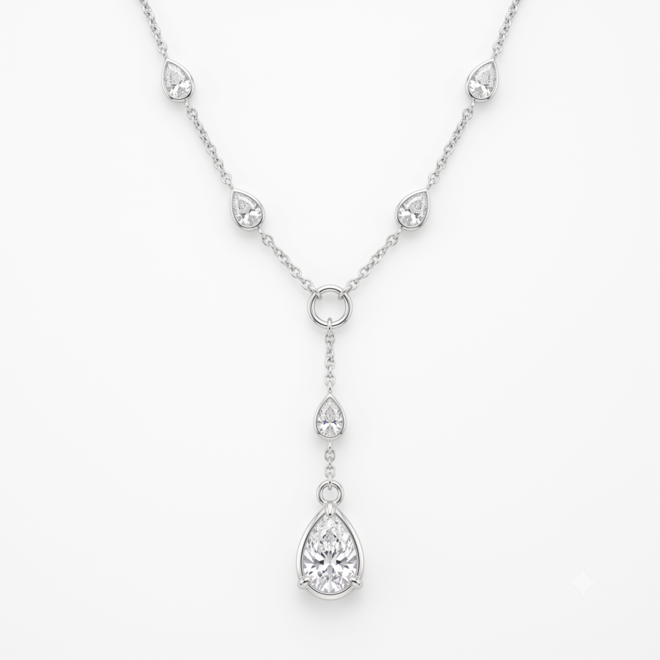 White gold Pear Diamond Lariat Necklace with Station Accents