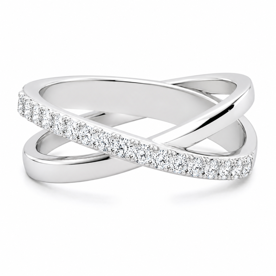 White gold Round Diamond Prong-Set Crossover Band