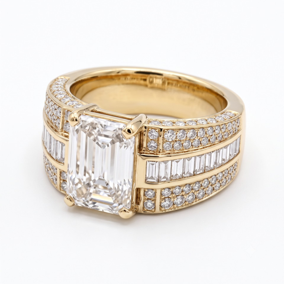 Emerald Cut Diamond Pav? Statement Mens Ring with Baguette Accents